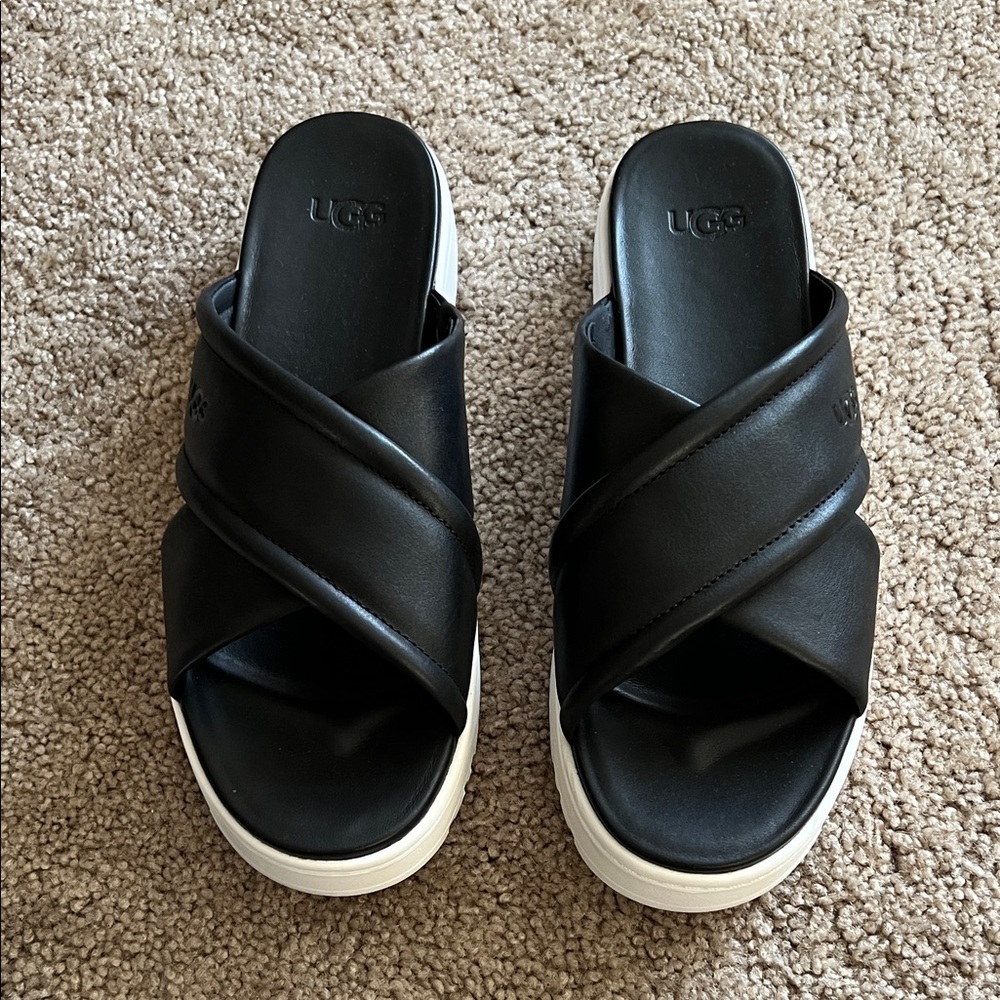 UGG Women’s Zayne Crossband Black Leather Platform Slide Sandals size 8